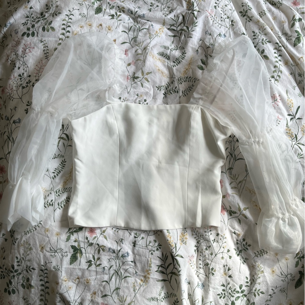 Bridal White Top with Mesh Puffy Sleeves